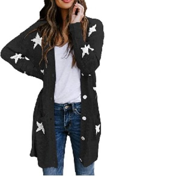 Hapcope Sweaters - Trending Star Print Button Cardigan Sweater